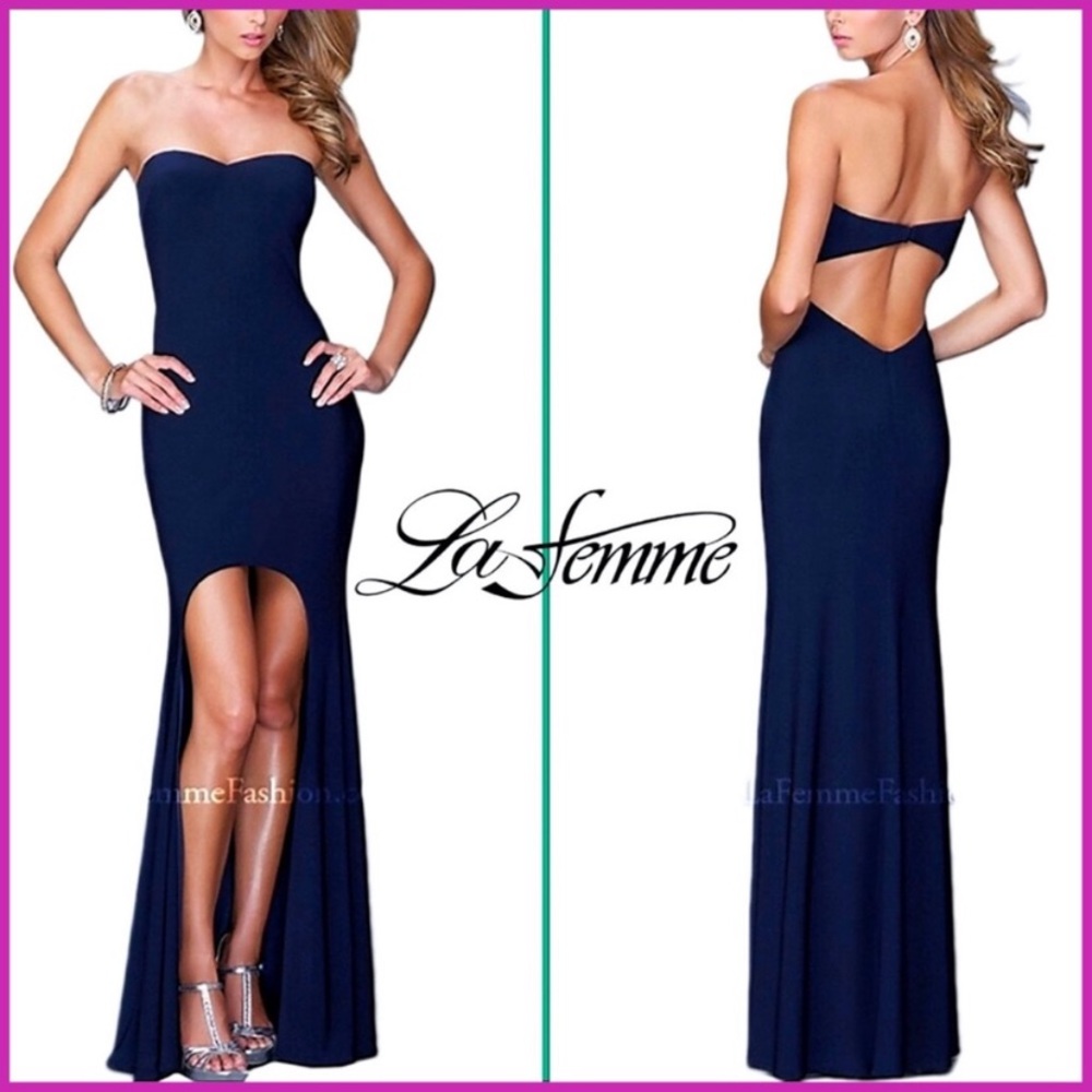La Femme Navy High-Low Strapless Open Back Gown - Picture 3 of 5